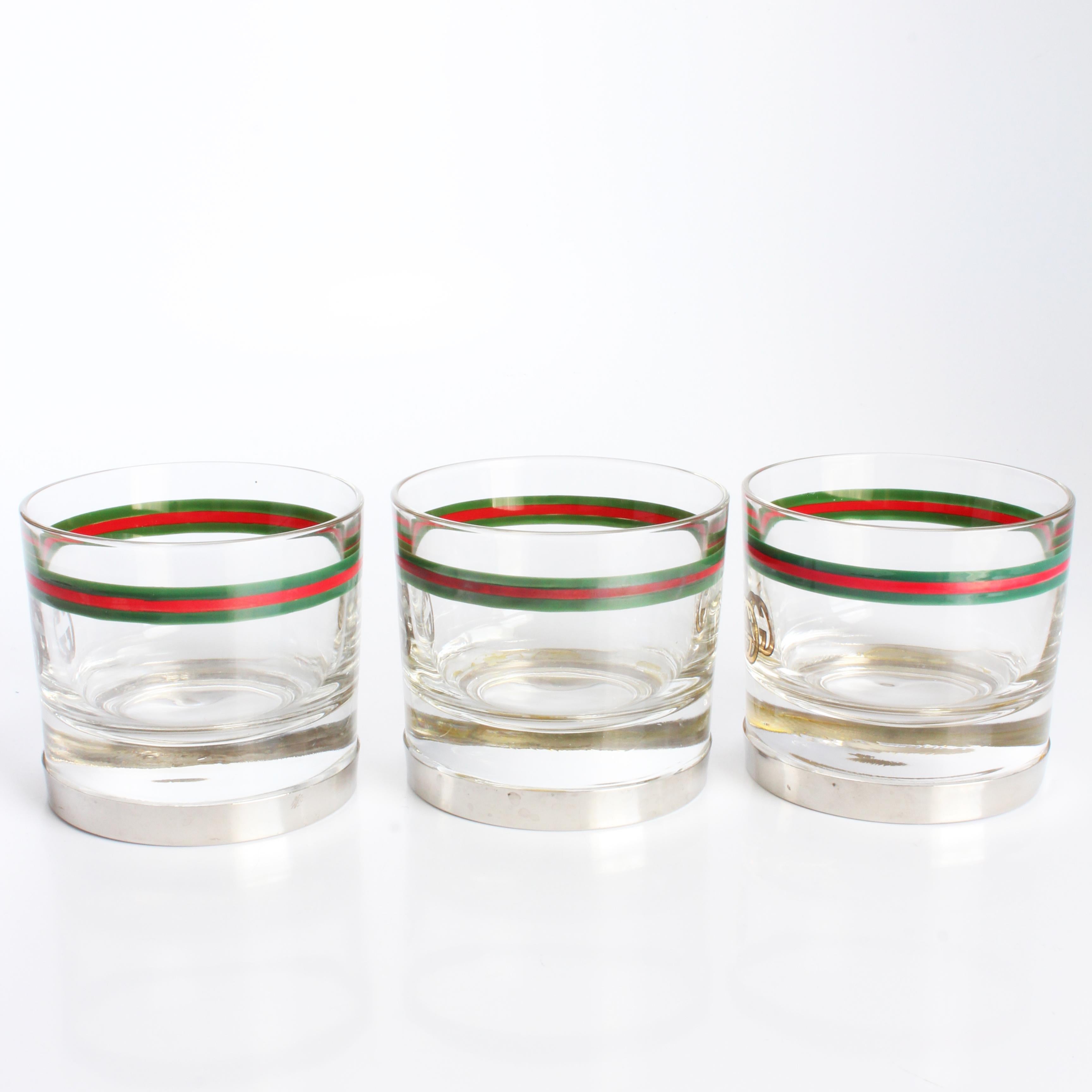 Gucci Cocktail Glasses with Silver Base GG Logo Webbing 3pc Set Barware Vintage For Sale 3