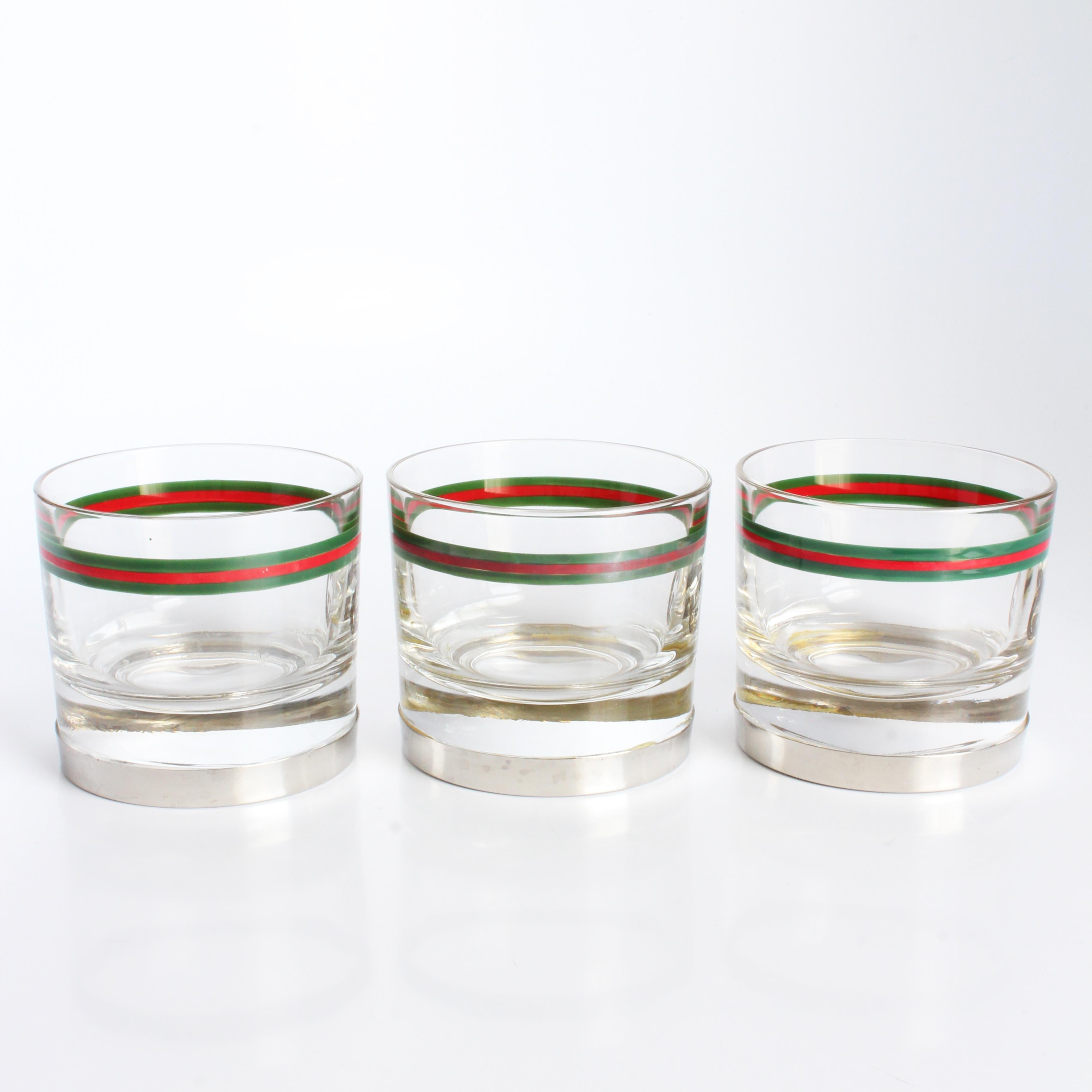 Gucci Cocktail Glasses with Silver Base GG Logo Webbing 3pc Set Barware Vintage For Sale 1
