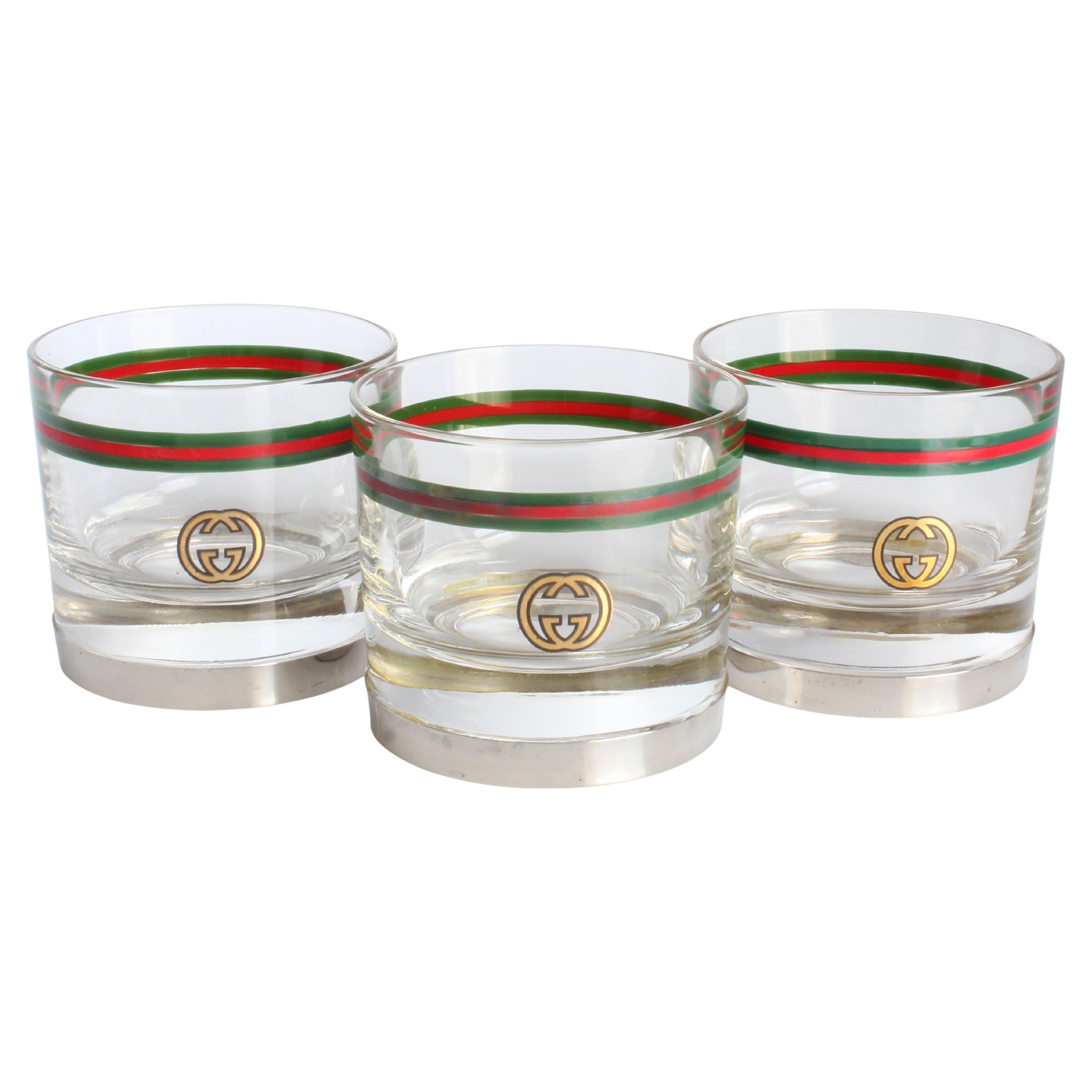 Gucci Cocktail Glasses with Silver Base GG Logo Webbing 3pc Set Barware  Vintage For Sale at 1stDibs