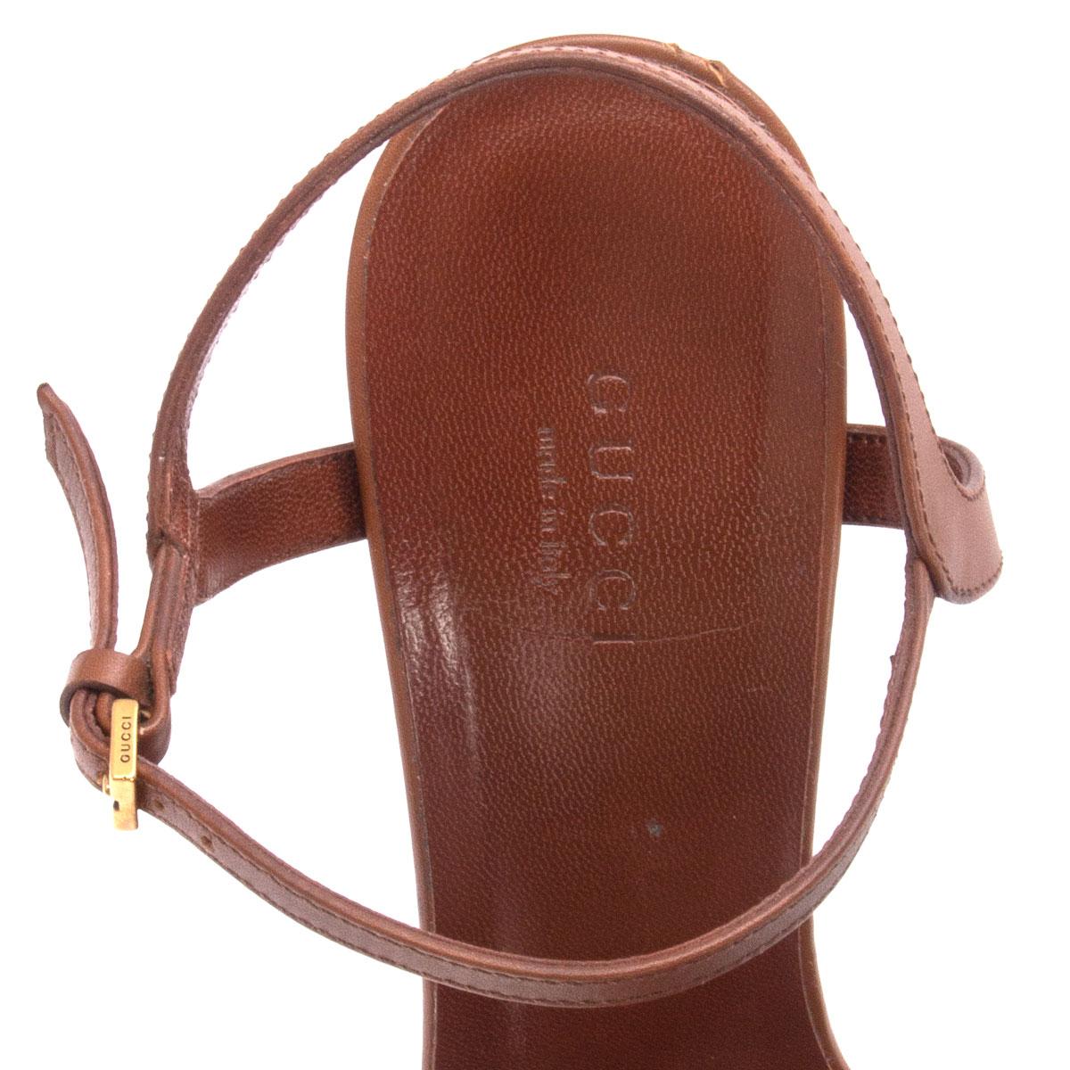 Brown GUCCI cognac brown leather LIFFORD HORSEBIT WEB Sandals Shoes 38