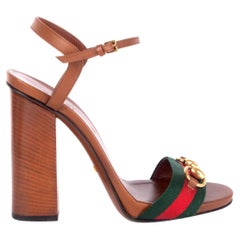 GUCCI cognac brown leather LIFFORD HORSEBIT WEB Sandals Shoes 38