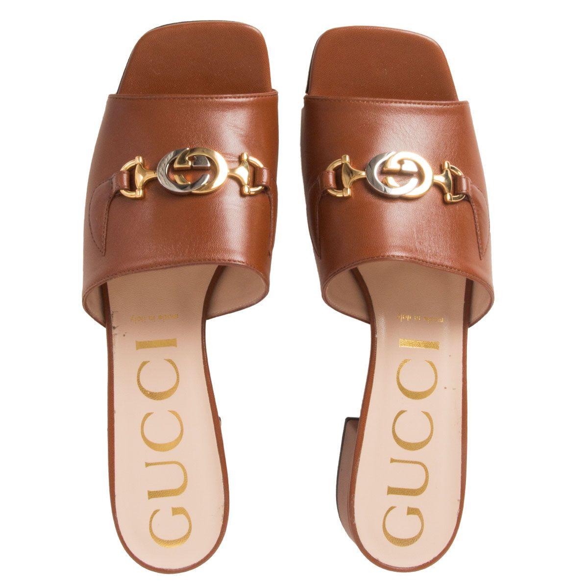 Brown GUCCI cognac brown leather ZUMI Flat Sandals Shoes 40
