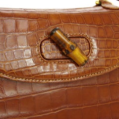 Gucci Cognac Crocodile Exotic Bamboo Kelly Top Handle Evening Shoulder Bag