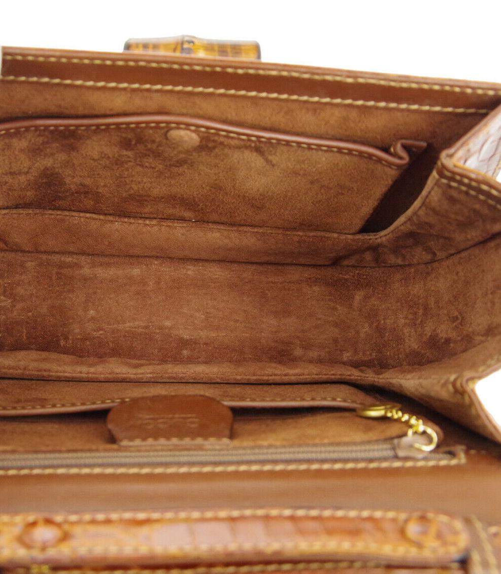 Brown Gucci Cognac Crocodile Exotic Bamboo Kelly Top Handle Evening Shoulder Bag