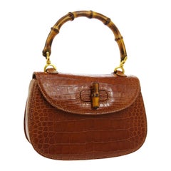 Gucci Cognac Crocodile Exotic Bamboo Kelly Top Handle Evening Shoulder Bag 