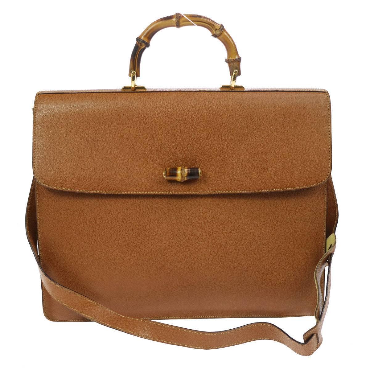 Gucci Cognac Leather Bamboo Business Men's Briefcase Top Handle Shoulder Bag