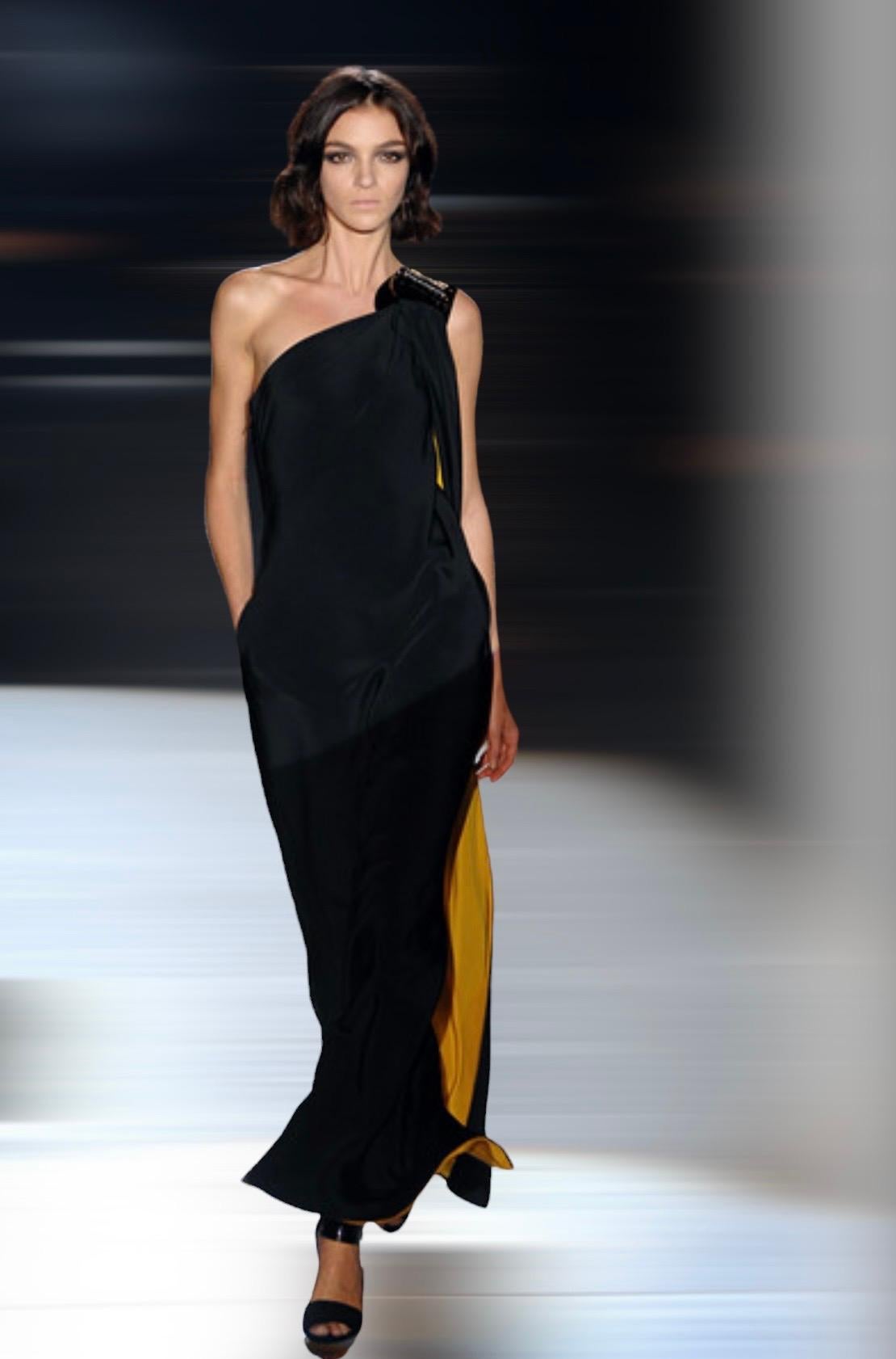 GUCCI Cold Shoulder Asymmetric Black & Yellow Maxi Dress Evening Gown 42 11