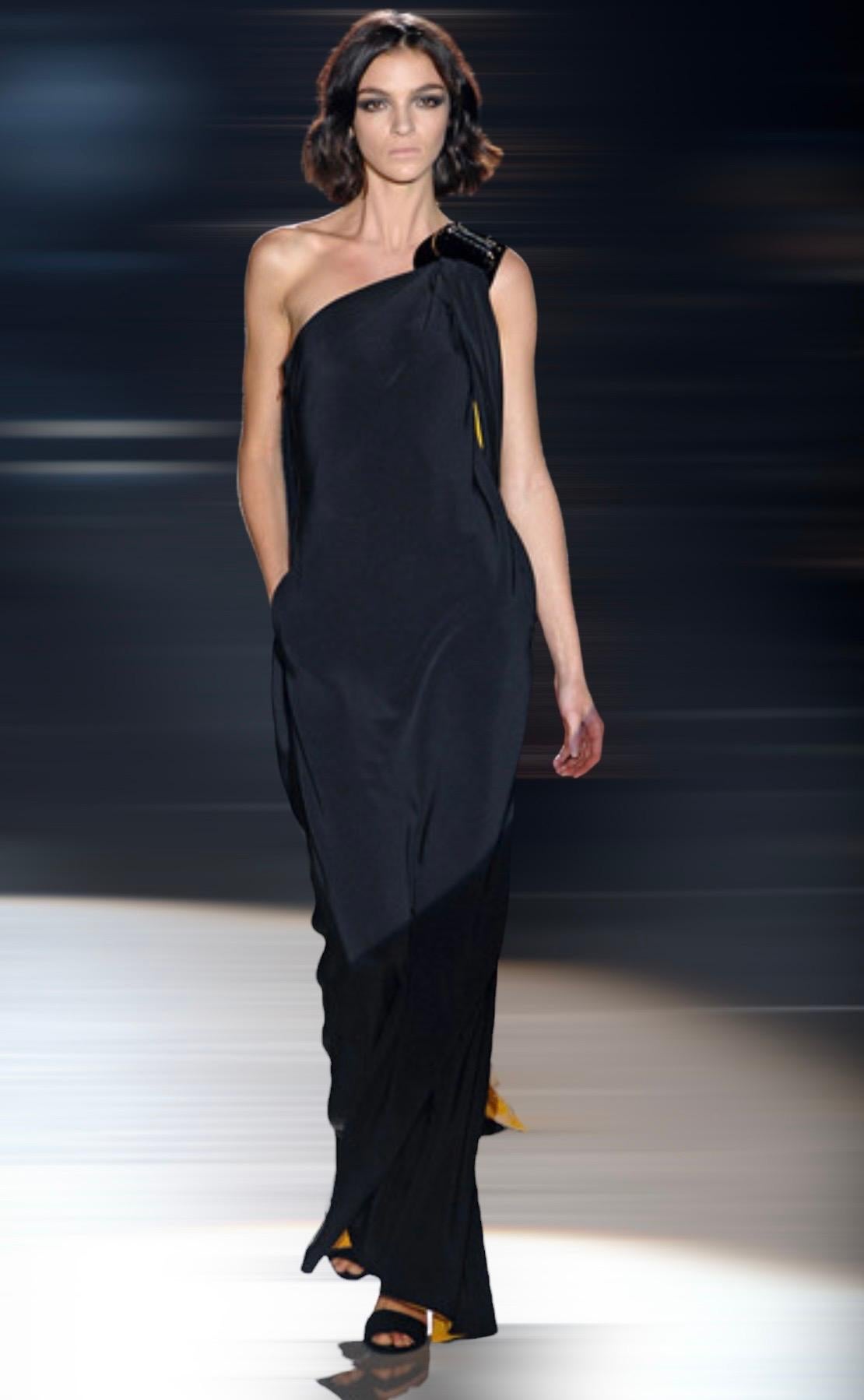 GUCCI Cold Shoulder Asymmetric Black & Yellow Maxi Dress Evening Gown 42 13