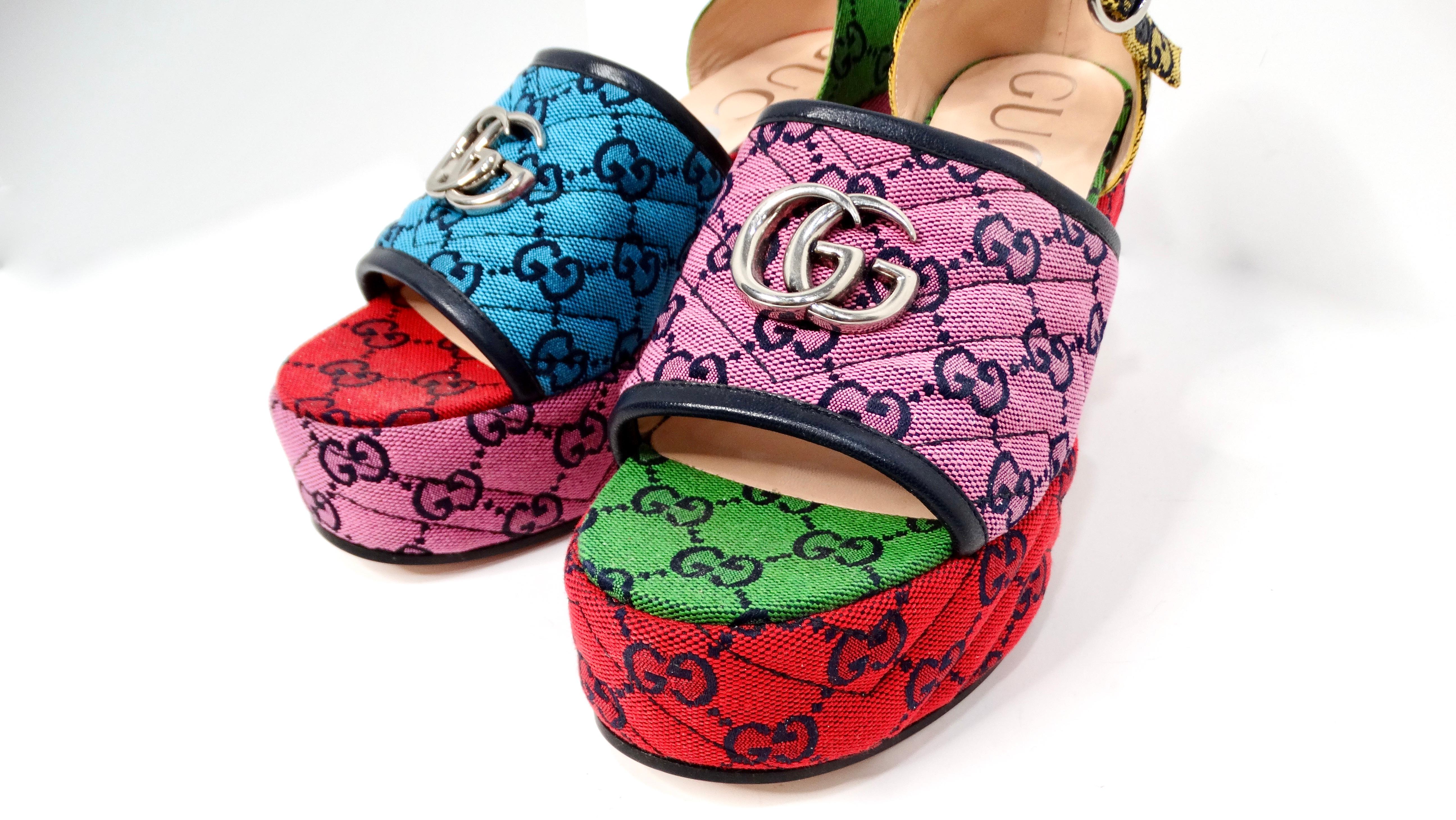 Brown Gucci Color-Block Monogram Logo Platform Sandals