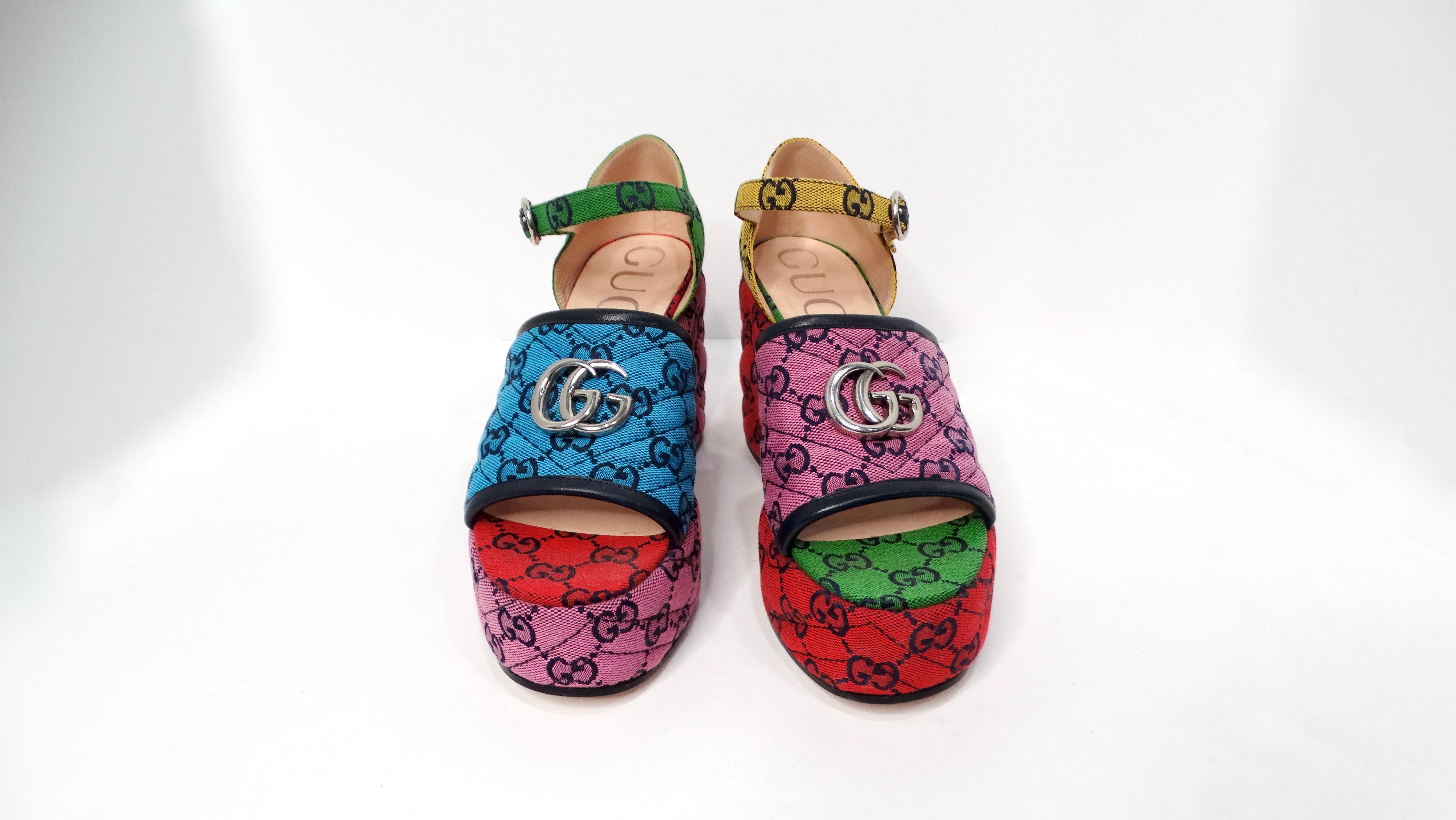 Gucci Color-Block Monogram Logo Platform Sandals In Good Condition In Scottsdale, AZ