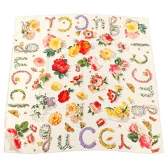 Gucci Colorful Monogram Silk 34" Scarf With Flowers Butterflies and Bees.