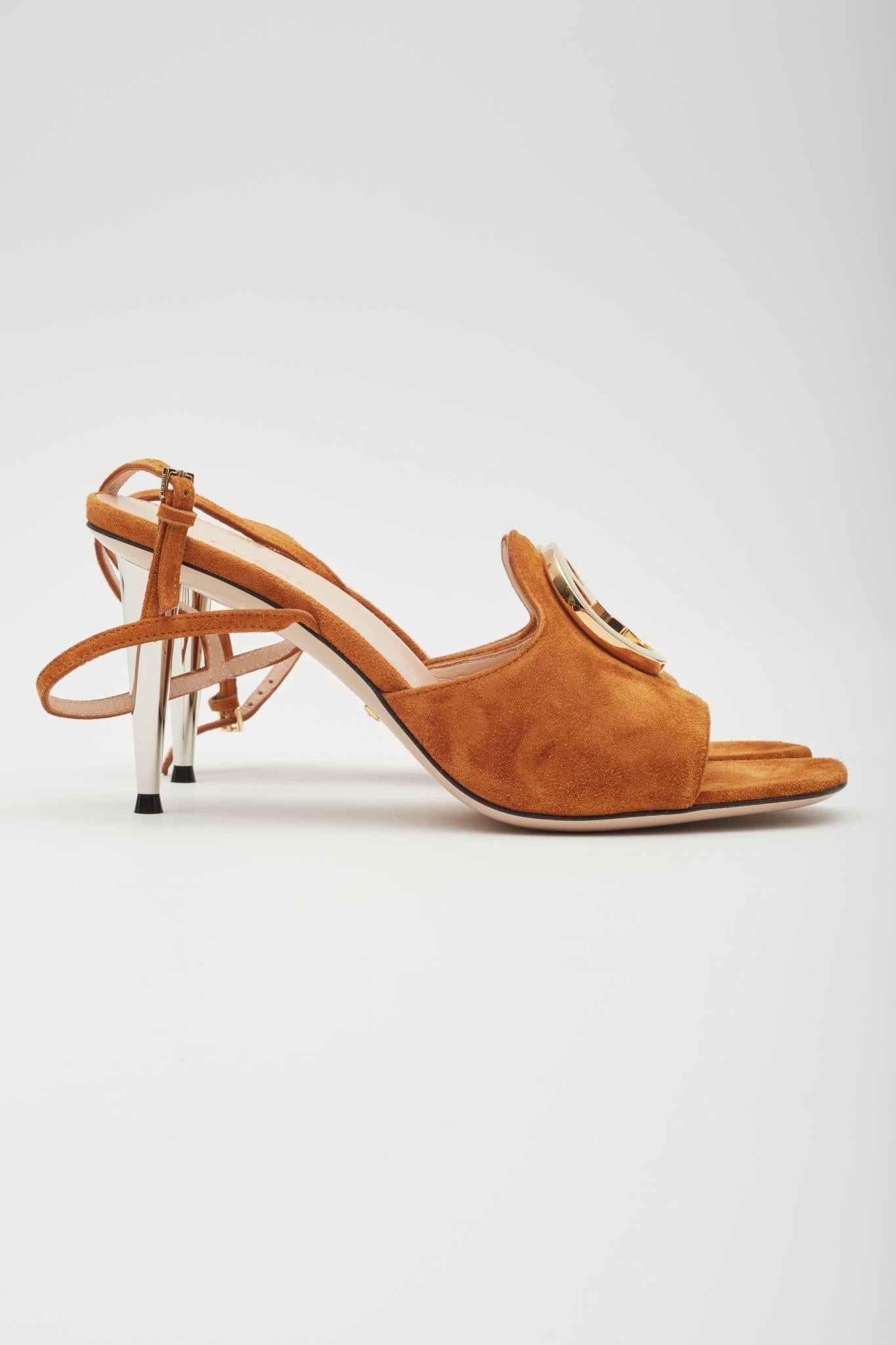Gucci Congac Suede Blondie Sandal Heels EU 37 In New Condition For Sale In Montreal, Quebec