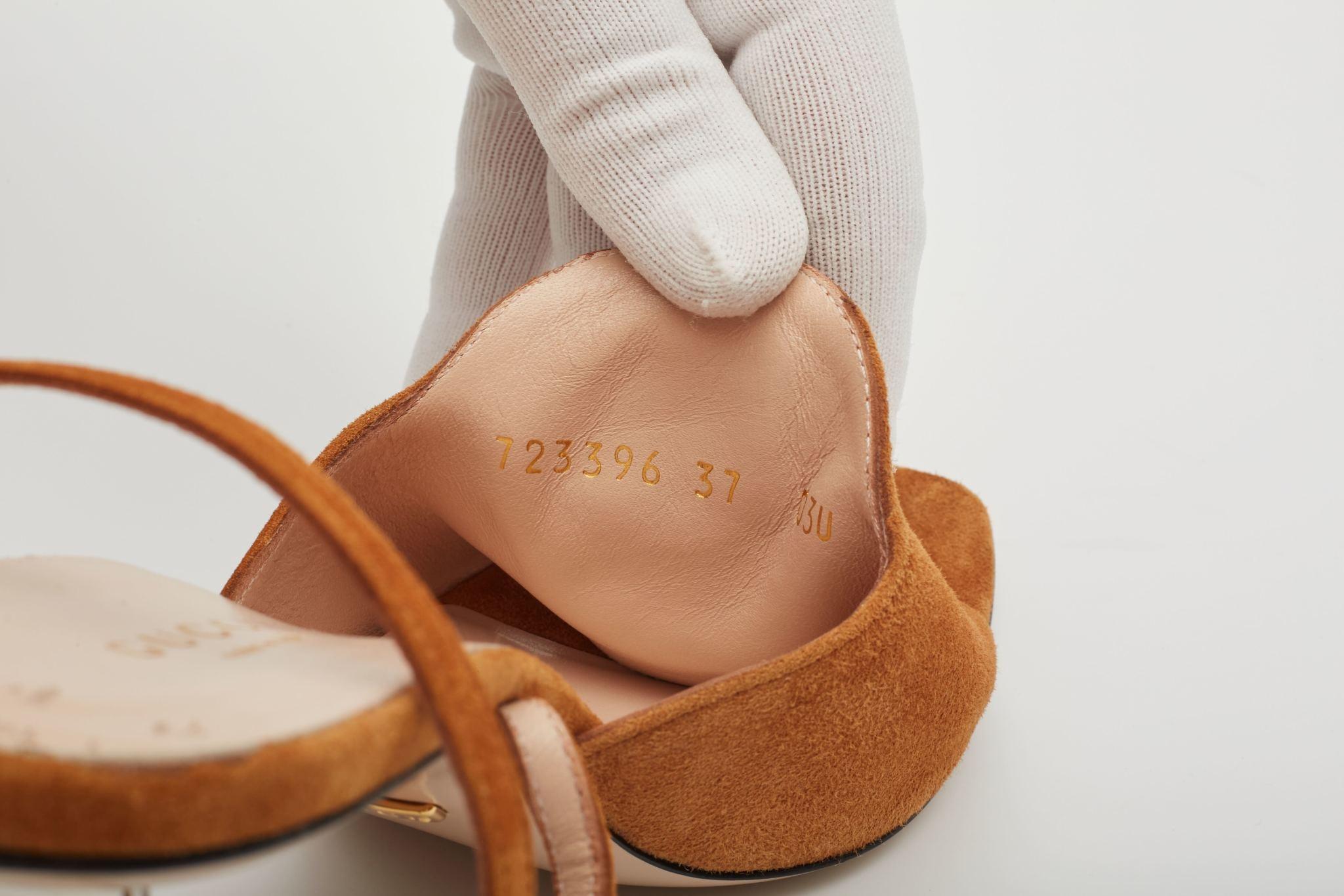 Gucci Congac Suede Blondie Sandal Heels EU 37 For Sale 2