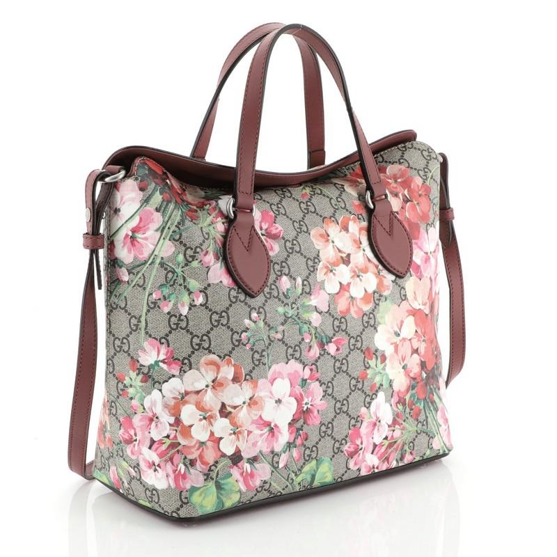 Brown Gucci Convertible Folded Tote Blooms Print GG Coated Canvas Medium 