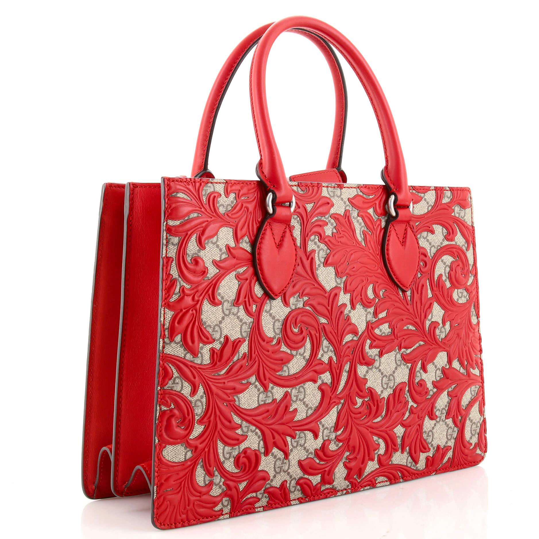 Red Gucci Convertible Gusset Tote Arabesque GG Coated Canvas Medium