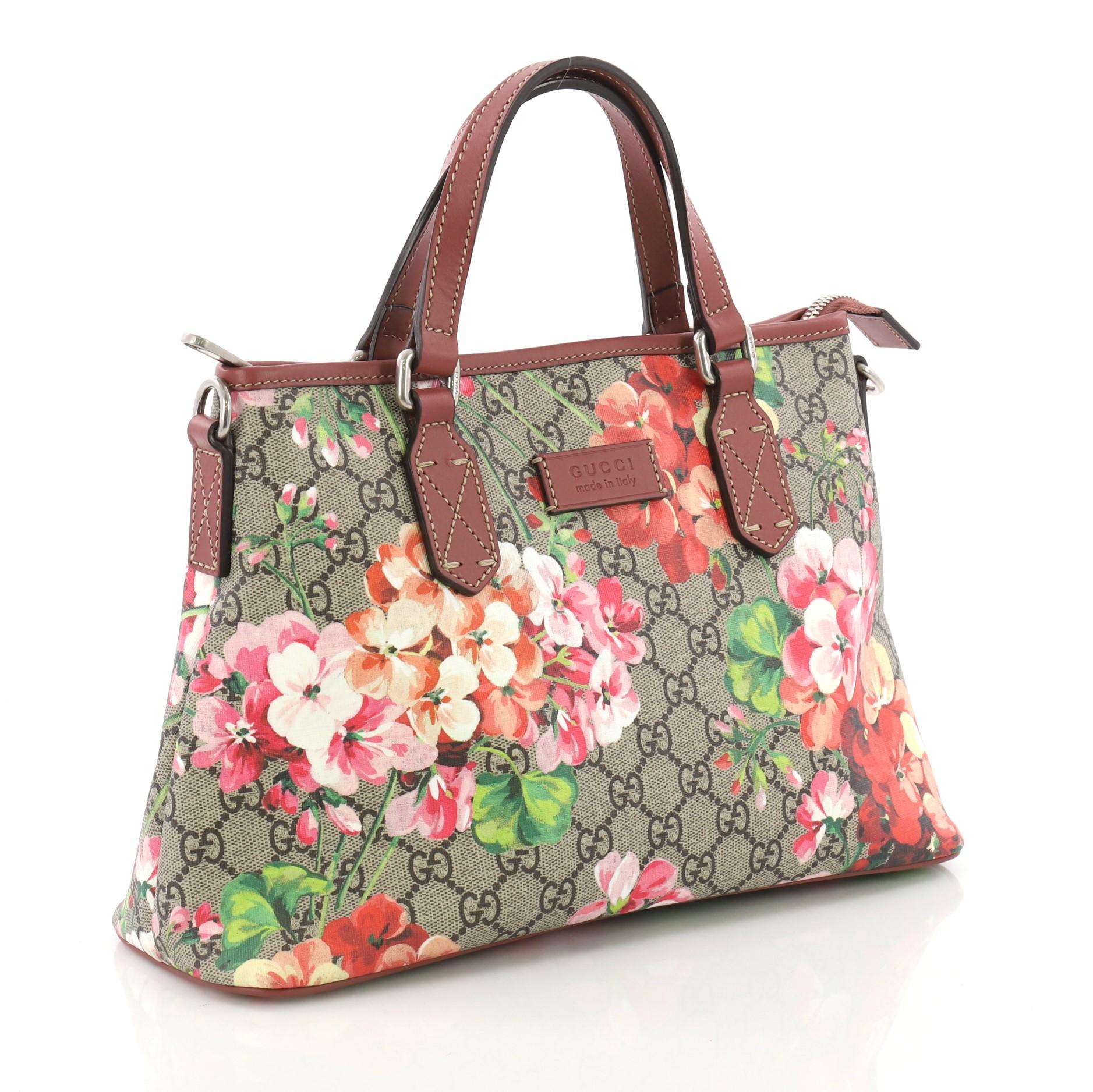 Brown Gucci Convertible Tote Blooms Print GG Coated Canvas Small
