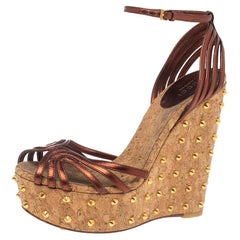 Gucci Copper Leather Studded Cork Wedge Sandals Size 36.5