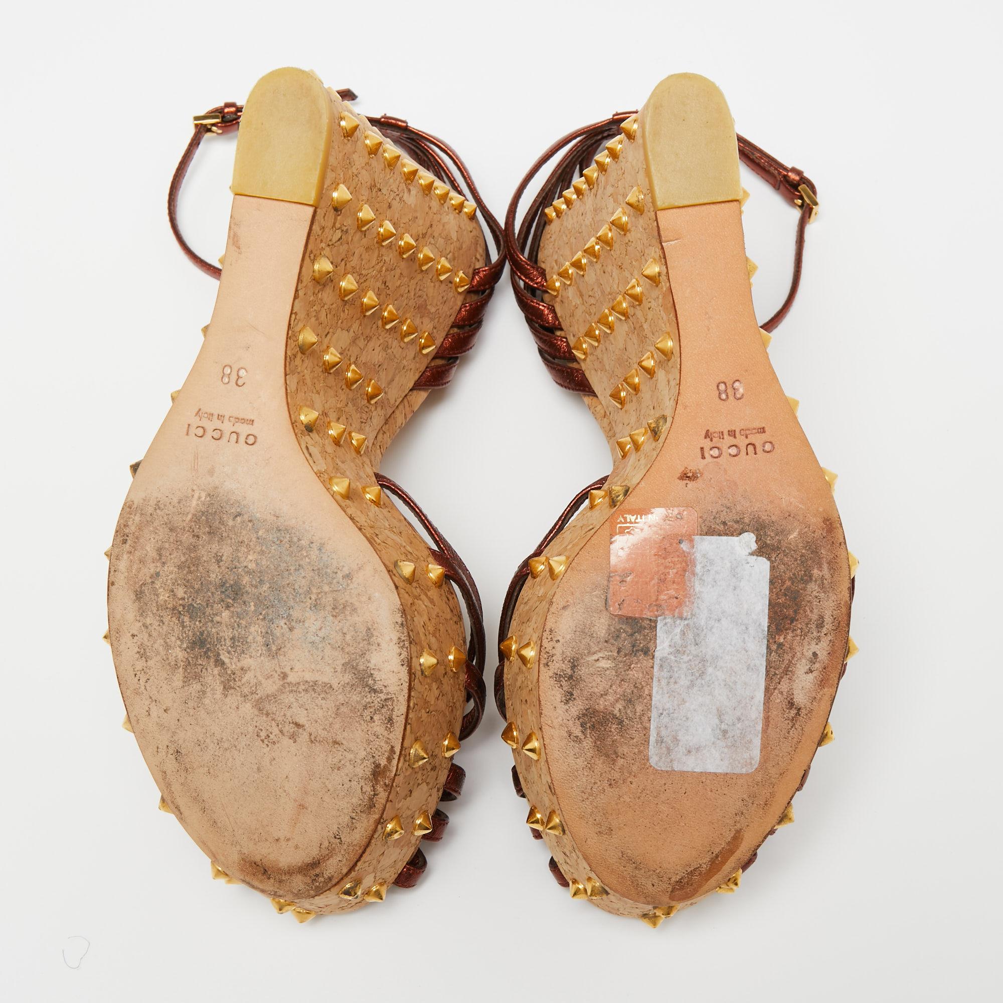 Brown Gucci Copper Leather Studded Cork Wedge Sandals Size 38