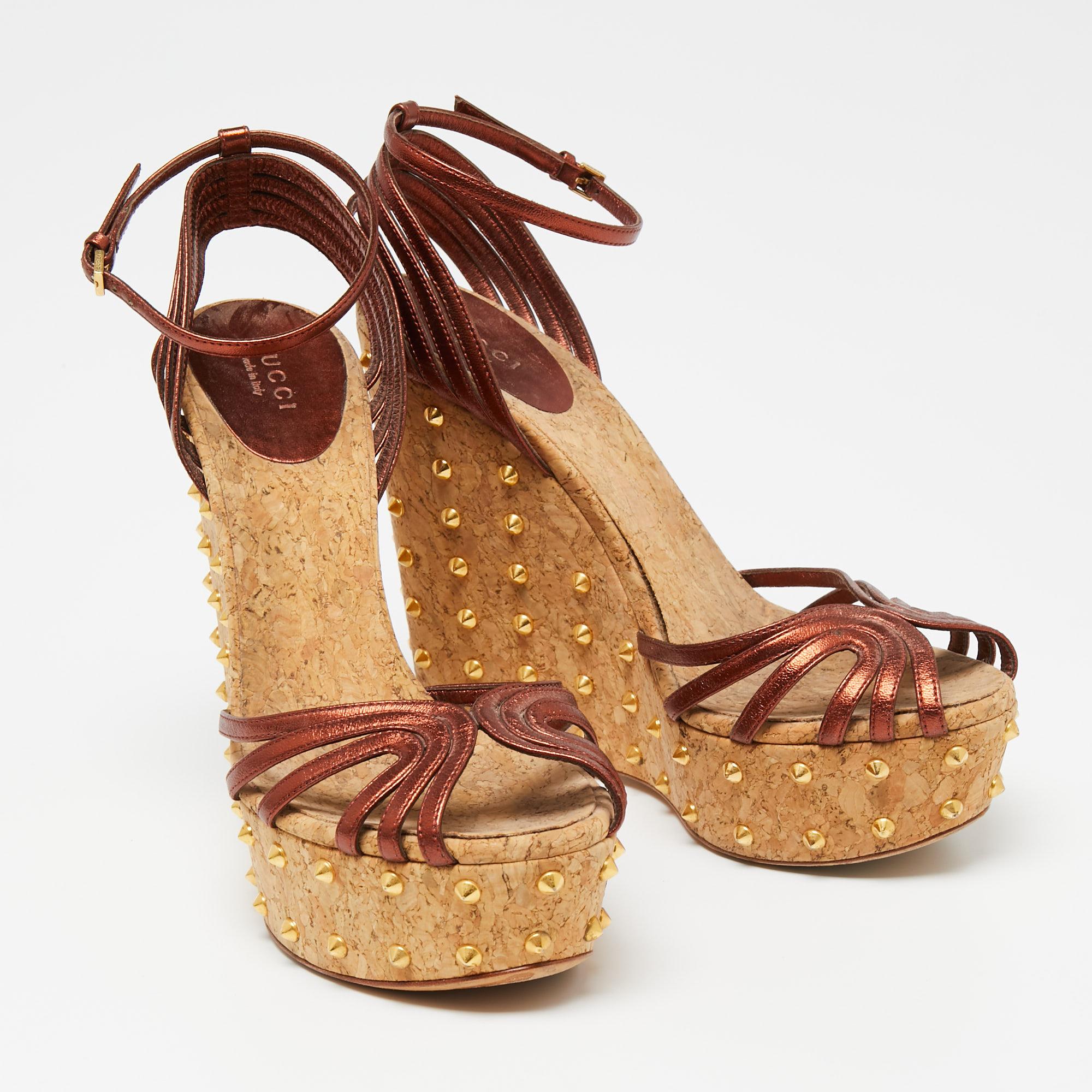 Women's Gucci Copper Leather Studded Cork Wedge Sandals Size 38