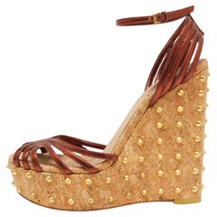Gucci Kupfer Leder Nieten Kork Keilabsatz Sandalen Größe 38