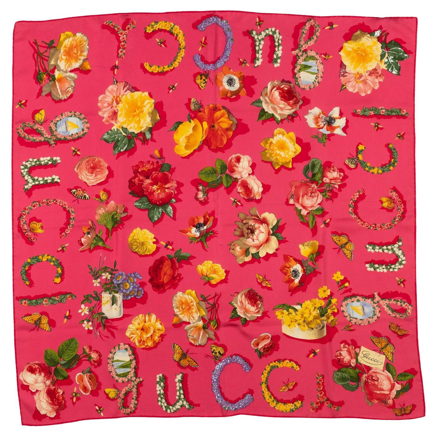 Gucci Coral Flowers Silk Scarf For Sale