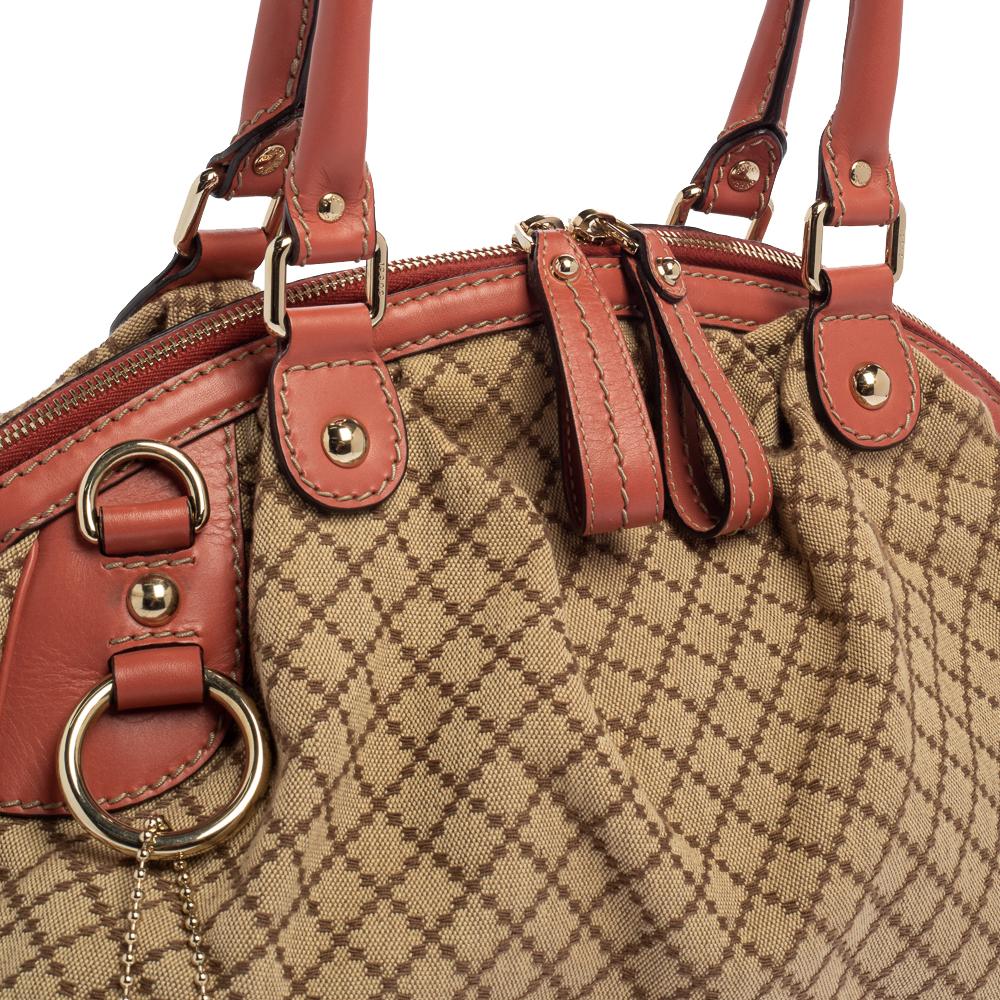Gucci Coral Pink/Beige Diamante Canvas and Leather Medium Sukey Boston Bag 4