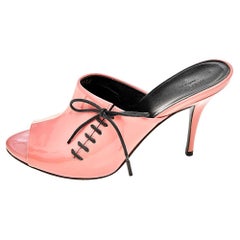 Gucci Coral Pink Patent Leather Lace Up Detail Open Toe Mules Size 36.5