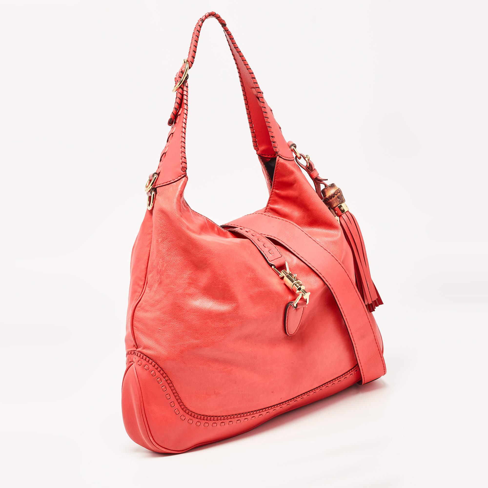 Women's Gucci Coral Red Leather Large New Jackie Hobo For Sale