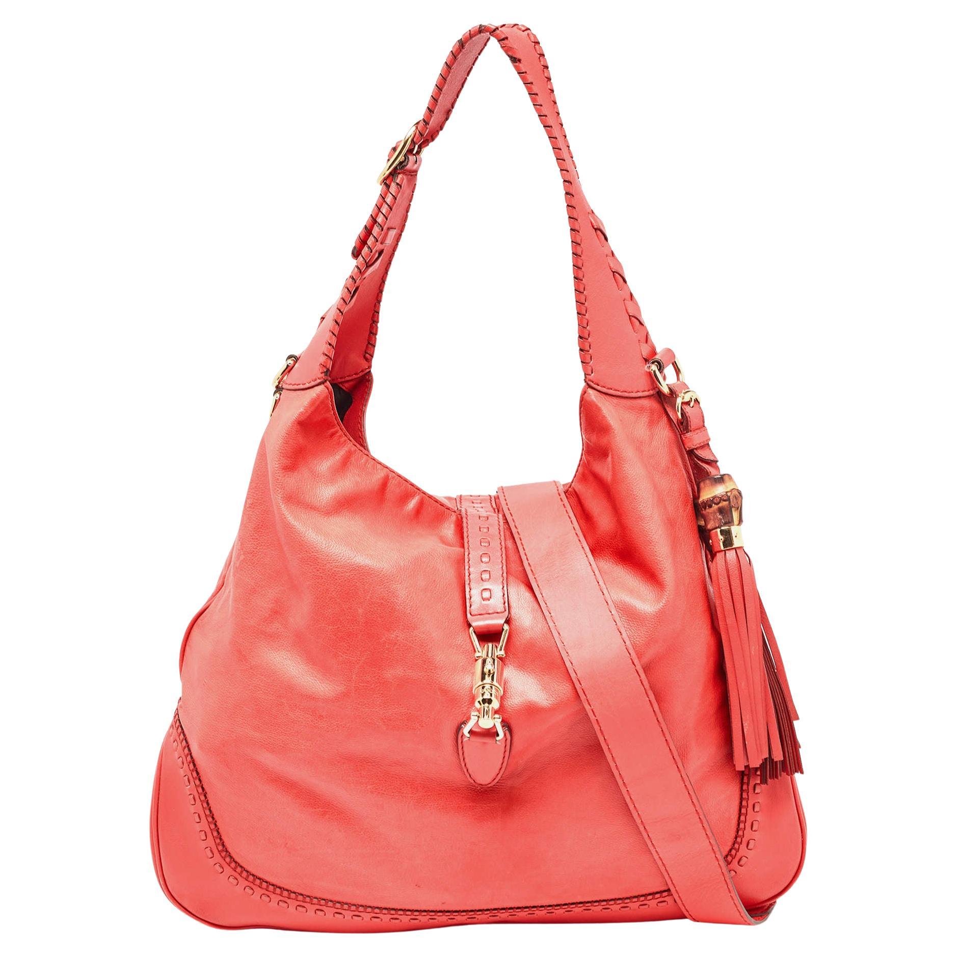 Gucci Coral Red Leather Large New Jackie Hobo For Sale