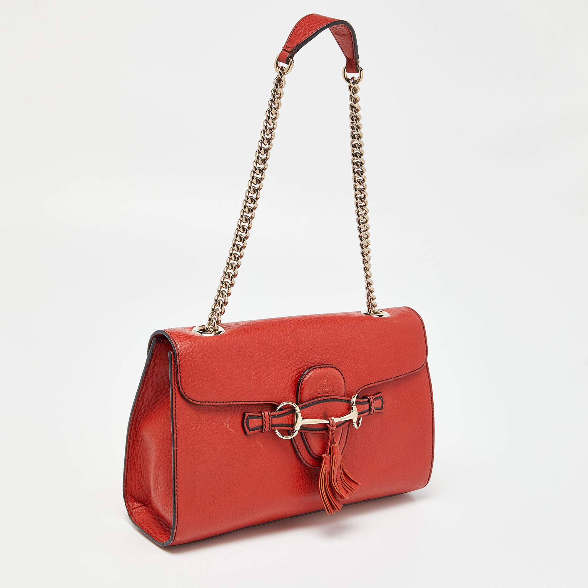 Women's Gucci Coral Red Leather Medium Emily Shoulder Bag For Sale
