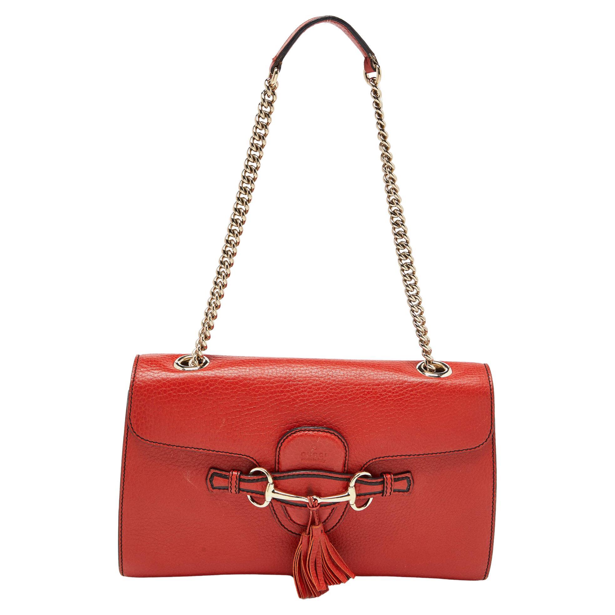 Gucci Coral Red Leather Medium Emily Shoulder Bag For Sale