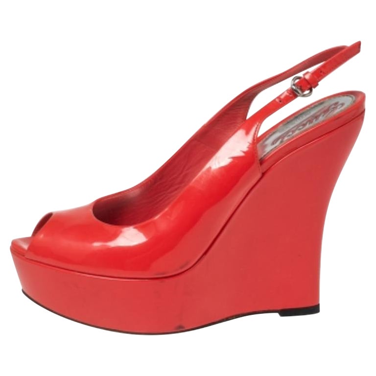 Gucci Coral Red Patent Leather Peep-Toe Slingback Wedge Sandals Size 37.5