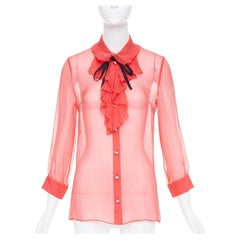 GUCCI coral red sheer chiffon GG pearl black pussybow ruffle blouse IT42 M