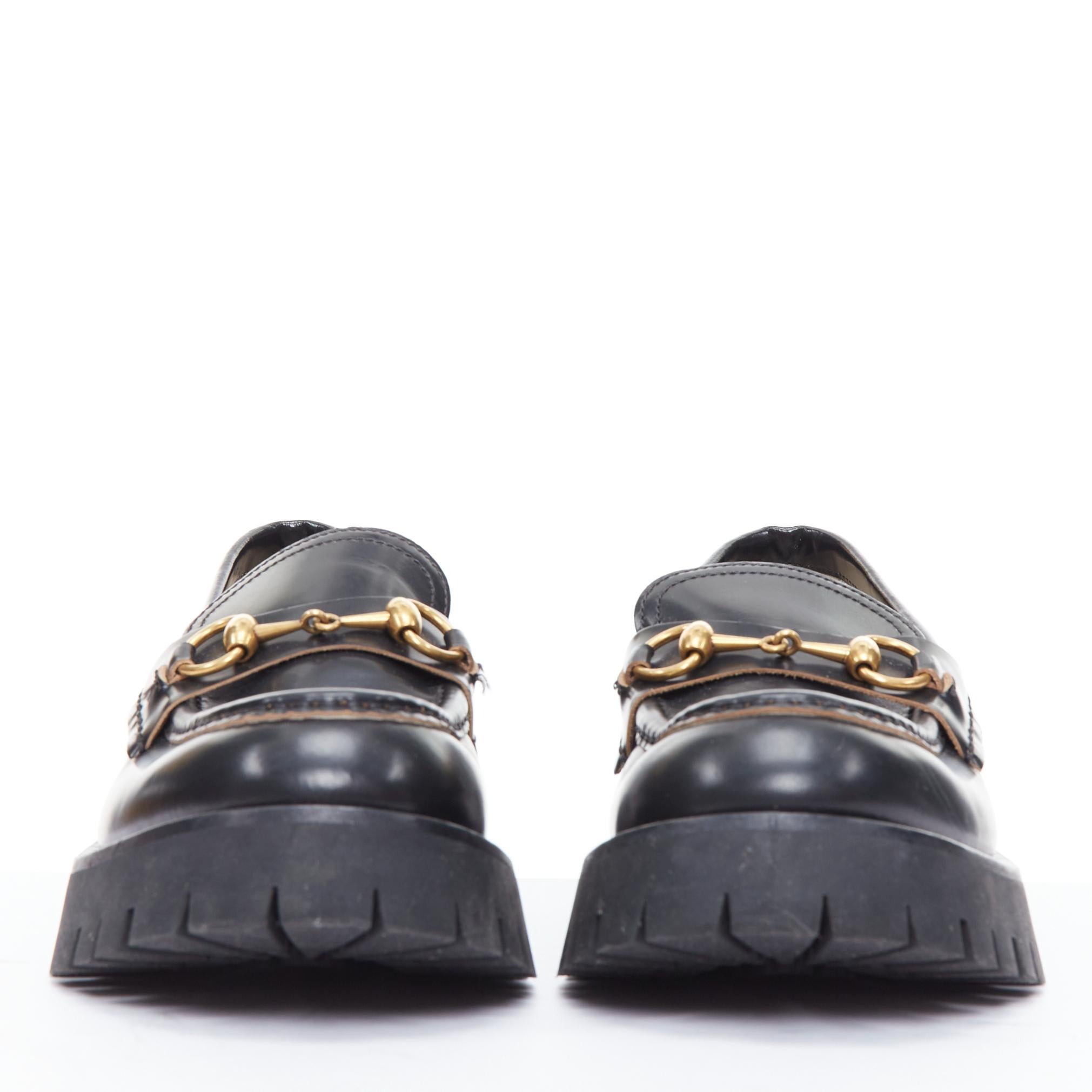 Black GUCCI Cordovan Lux Lug Sole black gold horsebit loafers EU38