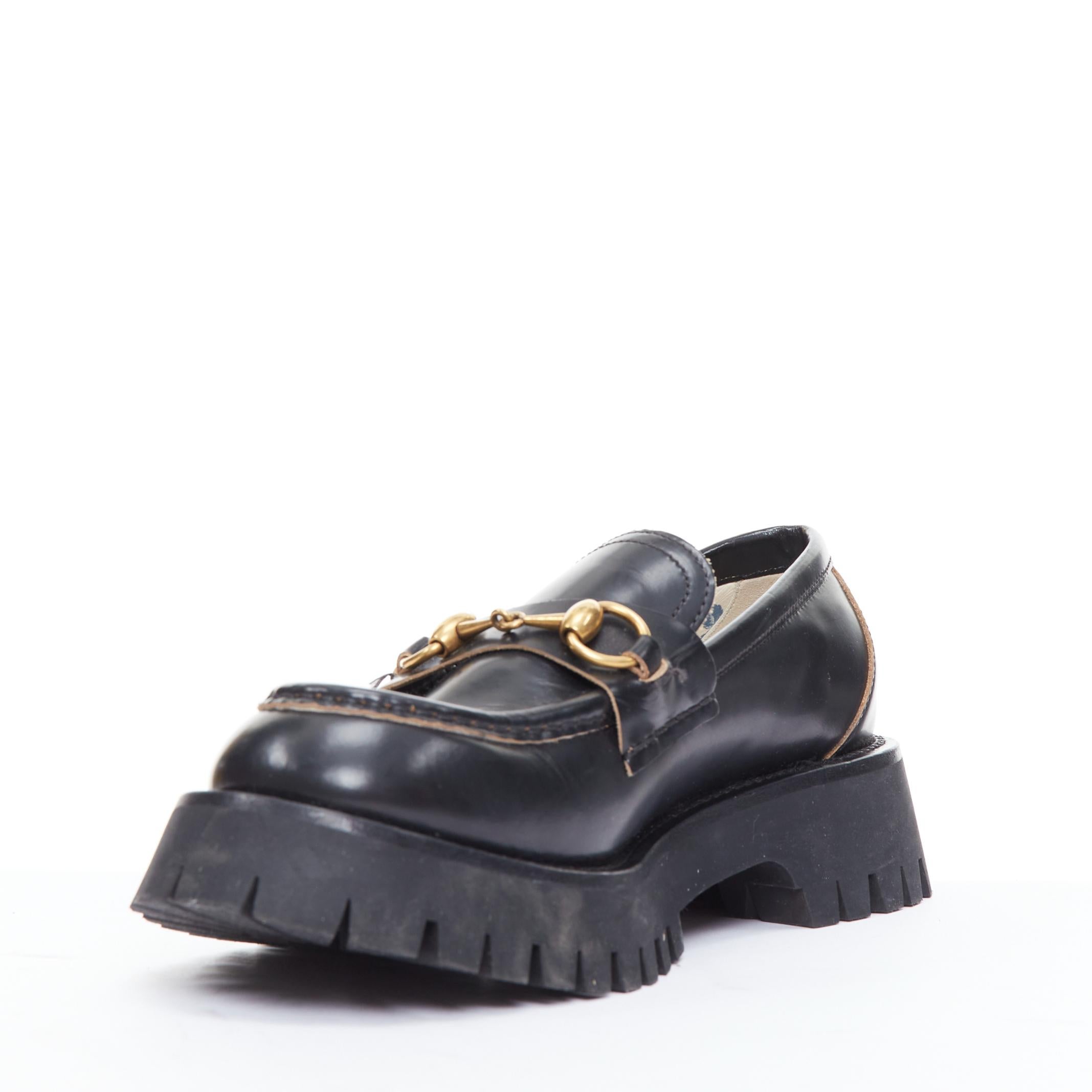 GUCCI Cordovan Lux Lug Sole black gold horsebit loafers EU38 In Good Condition In Hong Kong, NT