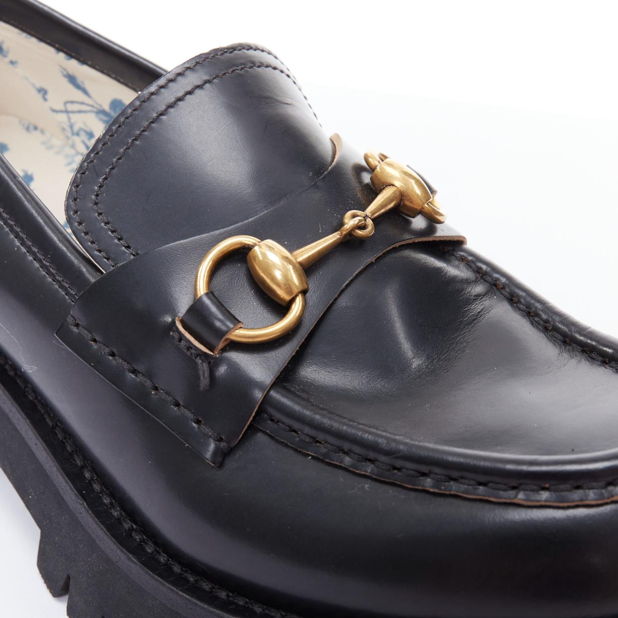 GUCCI Cordovan Lux Lug Sole black gold horsebit loafers EU38 2