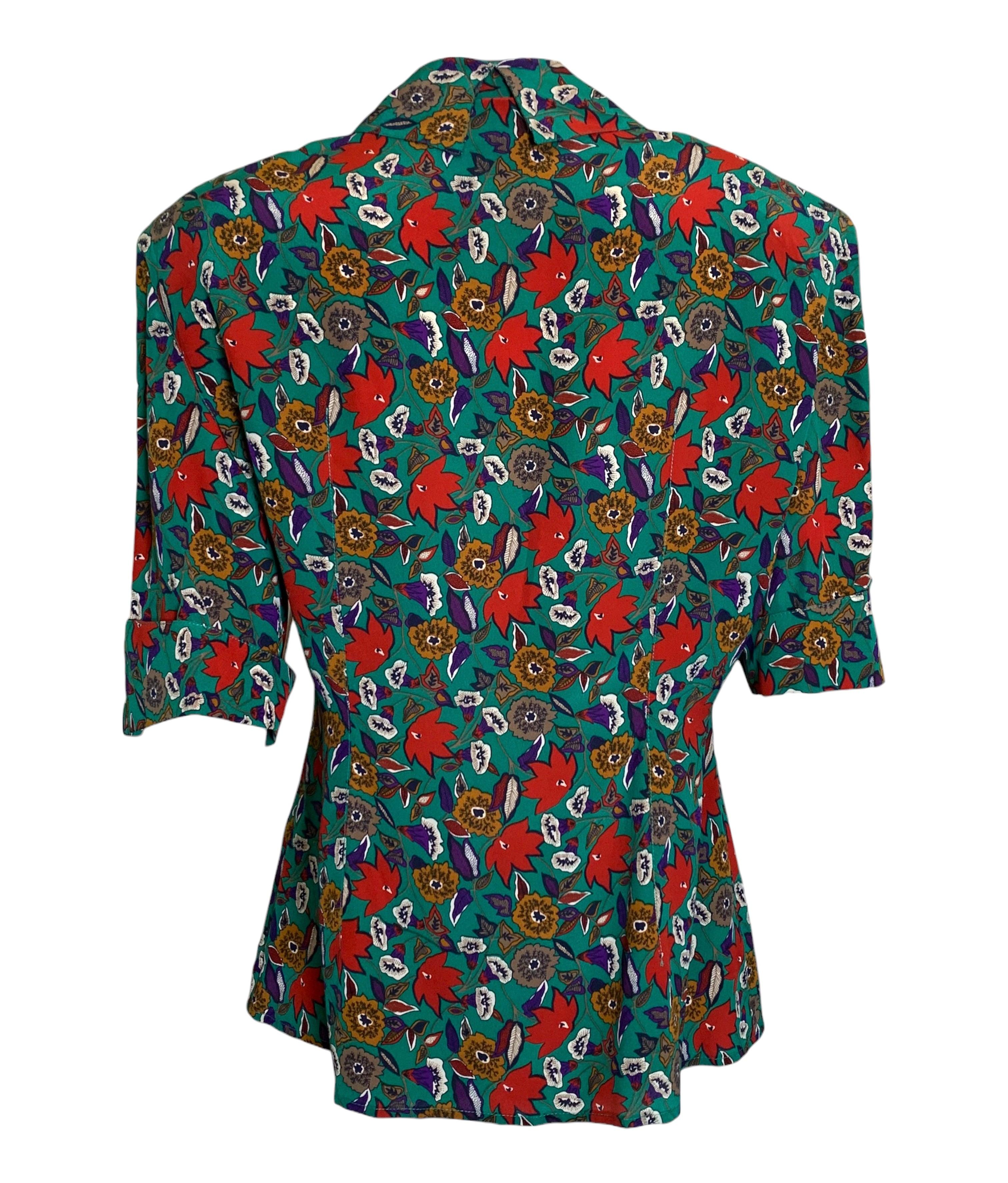 Gucci Corporate Core Grüne Seidenbluse mit Blumenmuster, 1980er Jahre (Schwarz) im Angebot