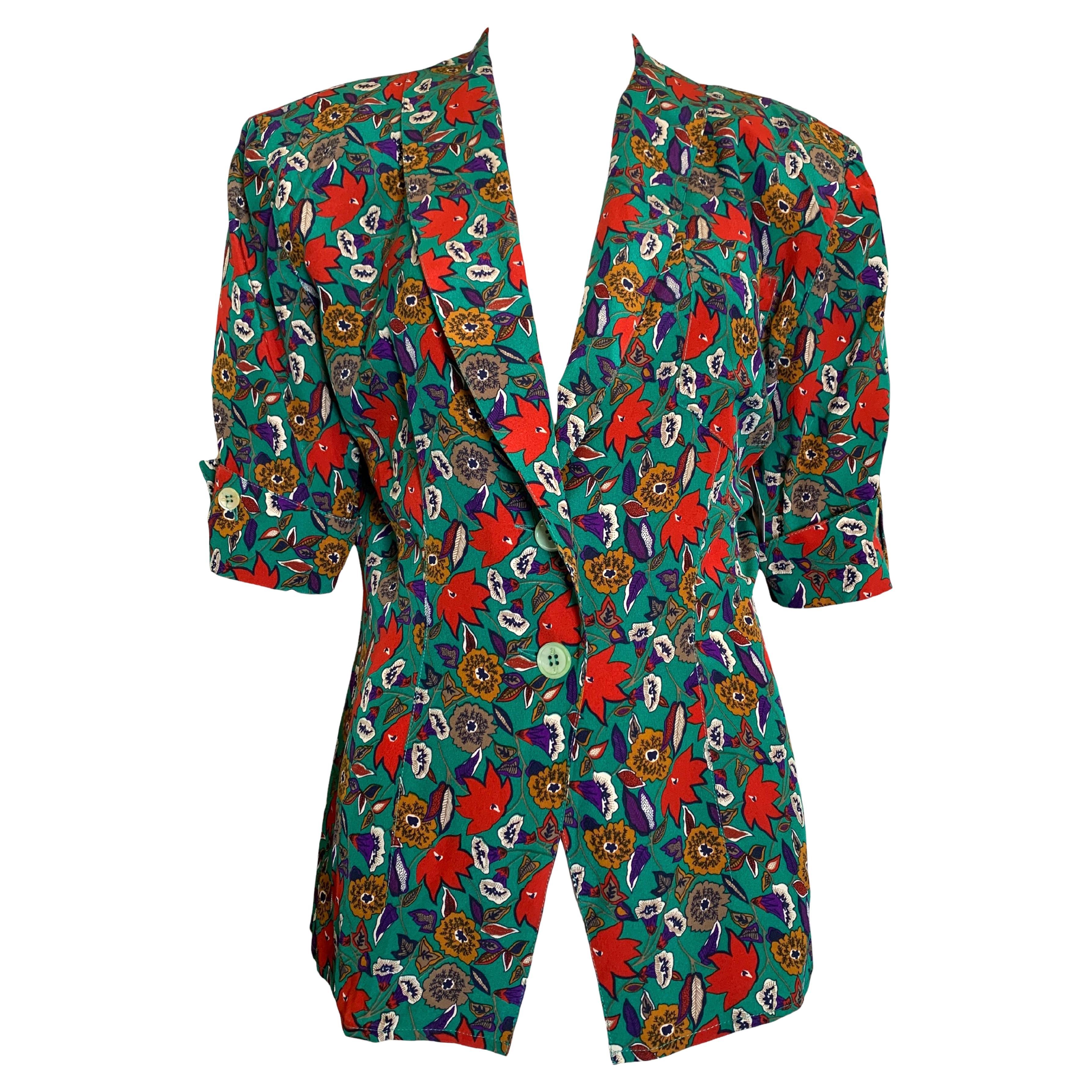 Gucci Corporate Core Grüne Seidenbluse mit Blumenmuster, 1980er Jahre im Angebot