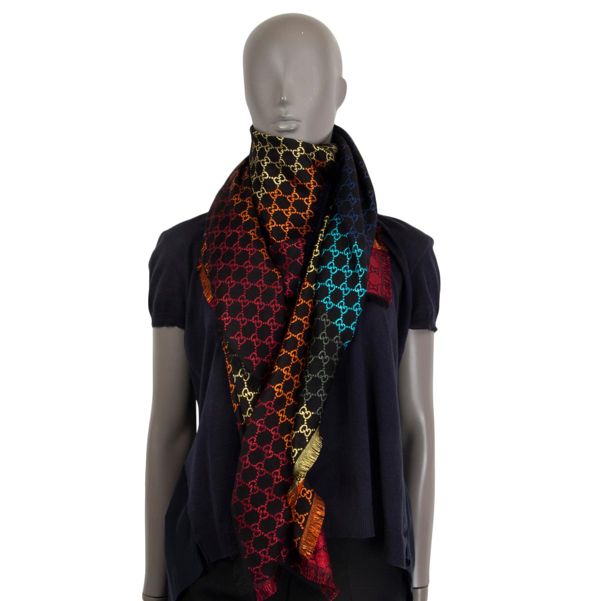 Black GUCCI cotton blend RAINBOW GG MONOGRAM JACQUARD Shawl Scarf