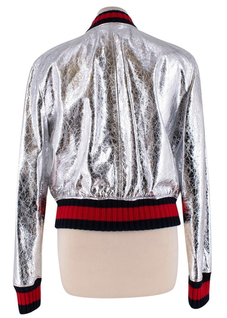 Gucci Crackle Silver Leather Bomber Jacket Size US 10