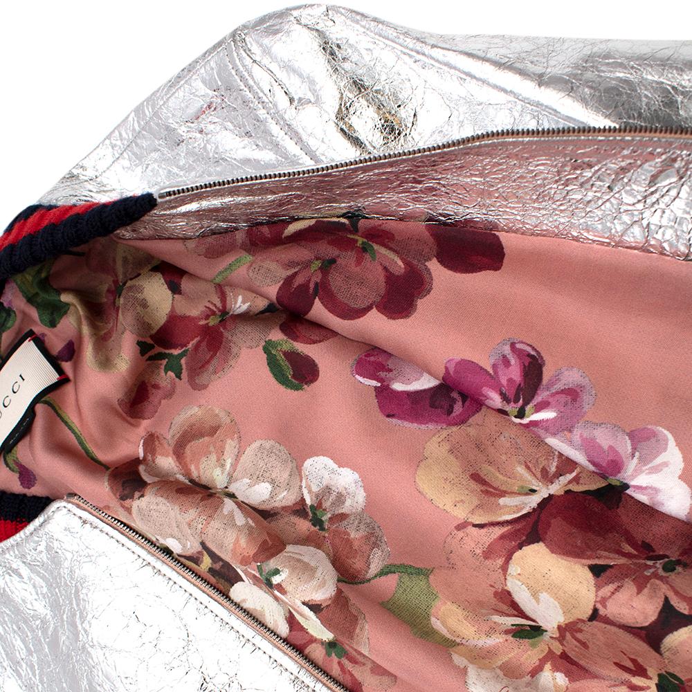 Gucci Crackle Silver Leather Bomber Jacket - Size US 10 In Excellent Condition In London, GB