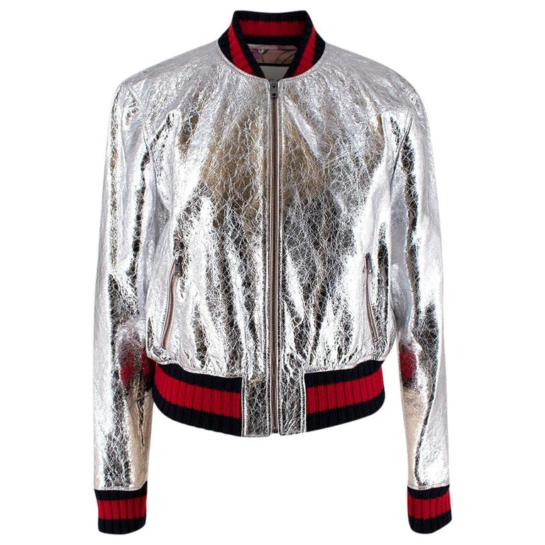 Gucci Crackle Silver Leather Bomber Jacket - Size US 10 at 1stDibs