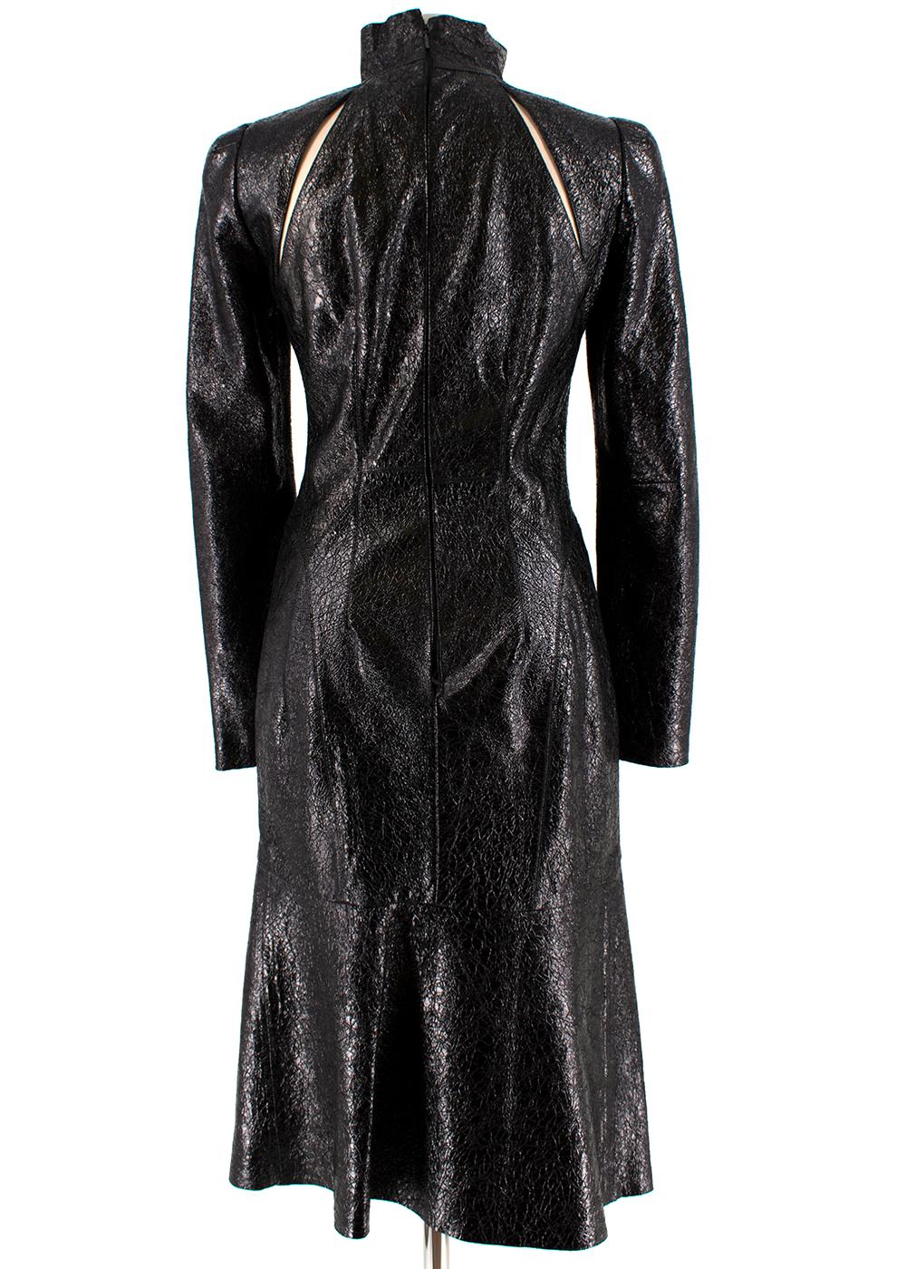 Gucci Crackled Patent Leather High Neck Dress

- Cracked Texture 
- Two Back Shoulder Cut Out Slits 
- Long Sleeved 
- Padded Shoulders 
- Lined 
-  Concealed Back Zip Fastening 

Material:
- 74% Acetate 
- 20% Silk 
- Professional Leather Clean