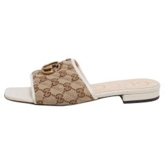 Gucci Cream/Beige GG Canvas And Leather GG Marmont Flat Sandals Size 37.5