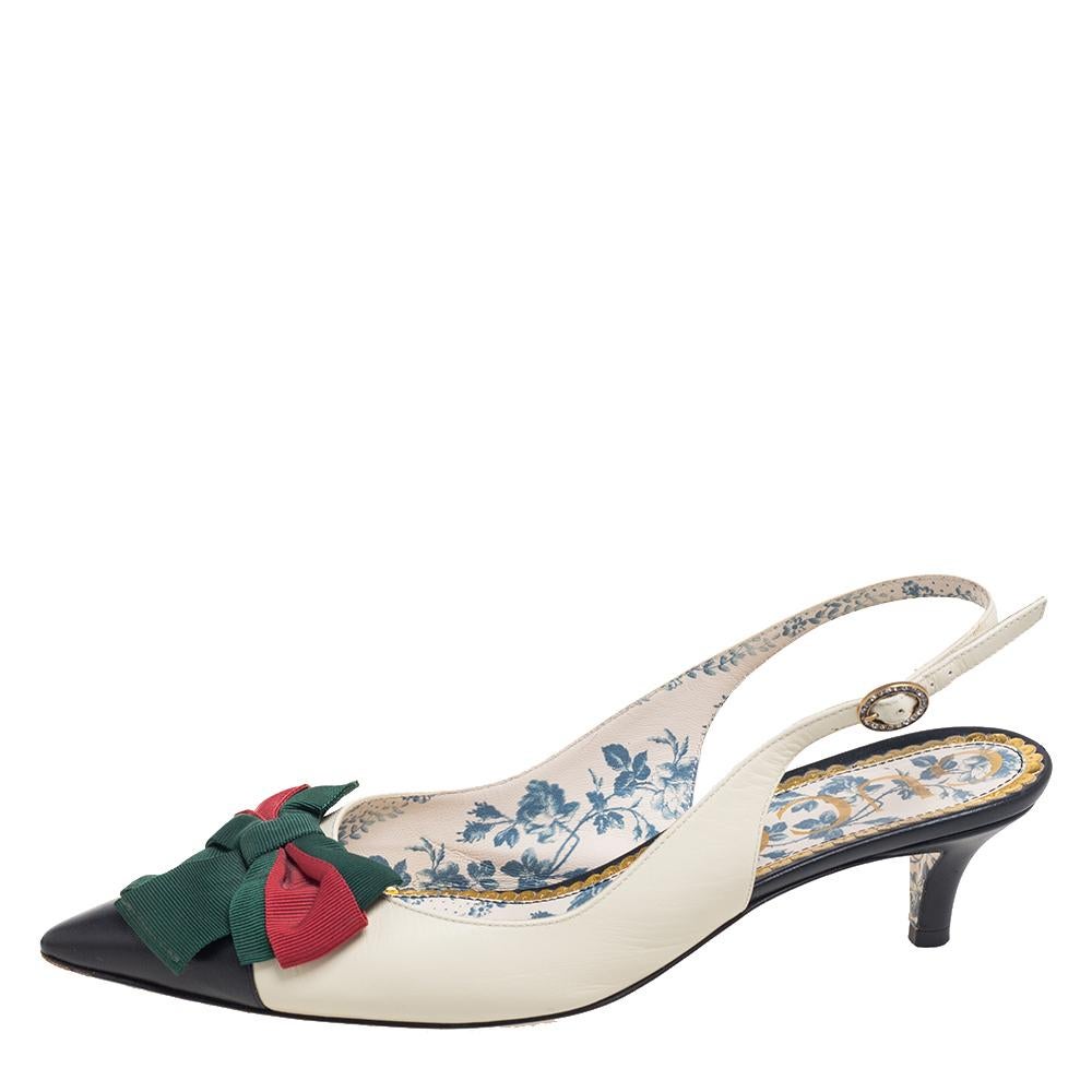 Gucci's timeless aesthetic and stellar craftsmanship in shoemaking is evident in these stunning pumps. Crafted from leather, the pair features pointed toes, Web bows, kitten heels, and buckle slingbacks. The insoles are lined with leather to offer