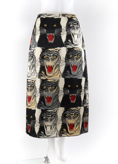 GUCCI Cream & Black Tiger Face Silk High Waist A-Line Midi Skirt NWT