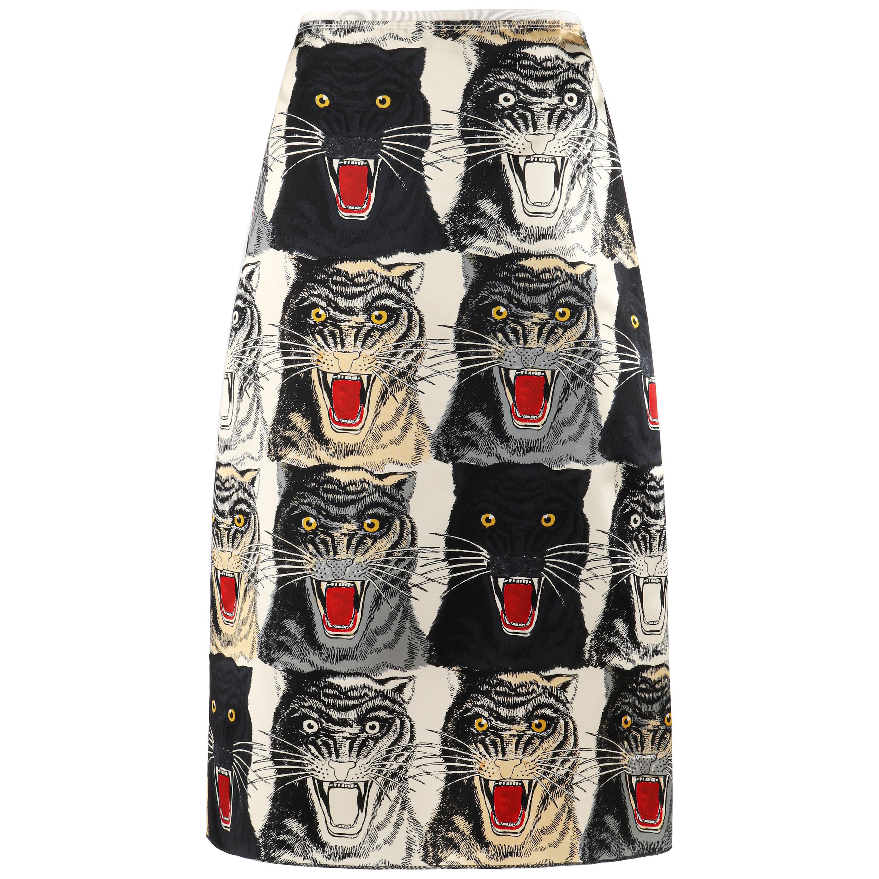 GUCCI Cream & Black Tiger Face Silk High Waist A-Line Midi Skirt NWT