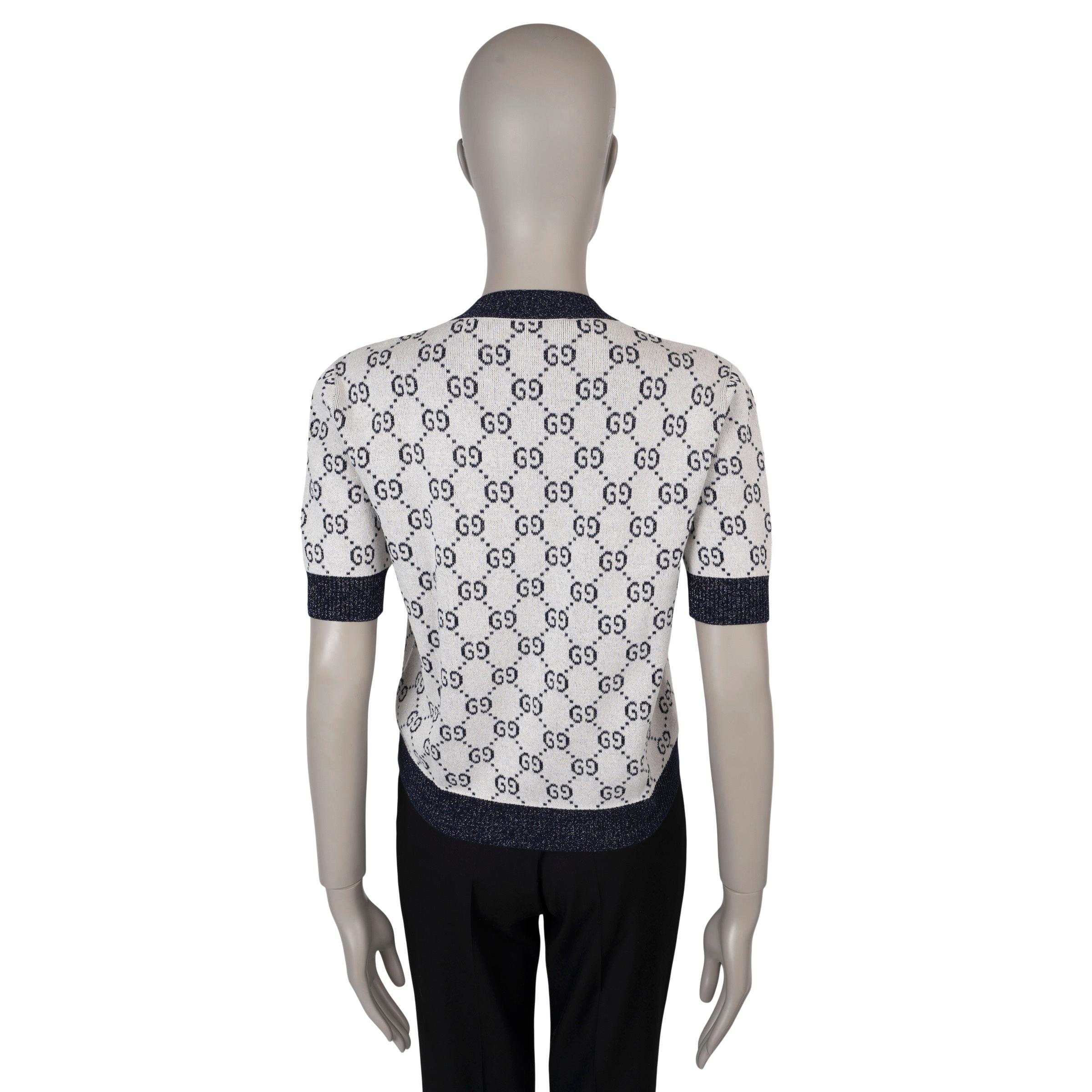 White GUCCI cream & blue cotton 2023 GG LAME KNIT Top Shirt M