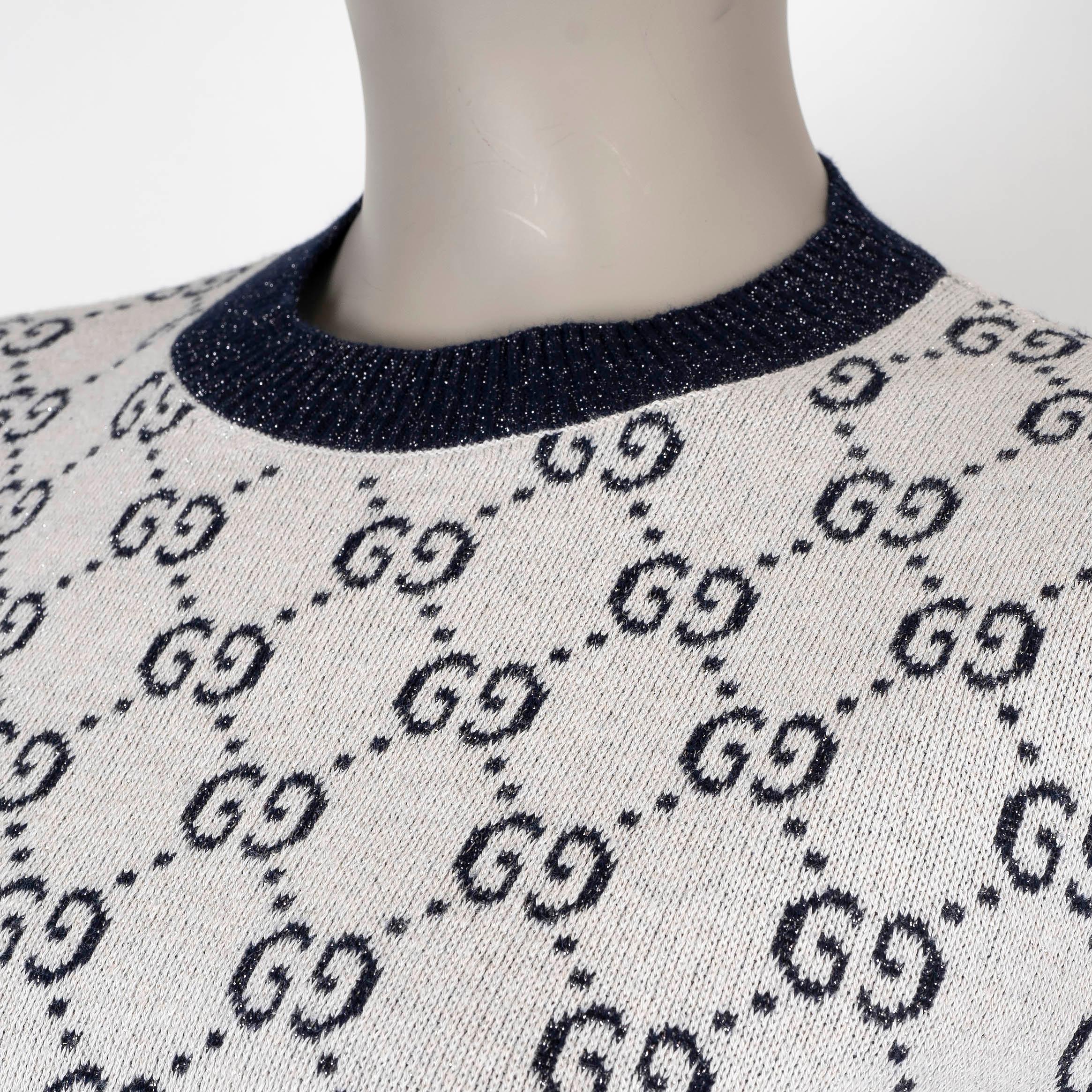 Women's GUCCI cream & blue cotton 2023 GG LAME KNIT Top Shirt M