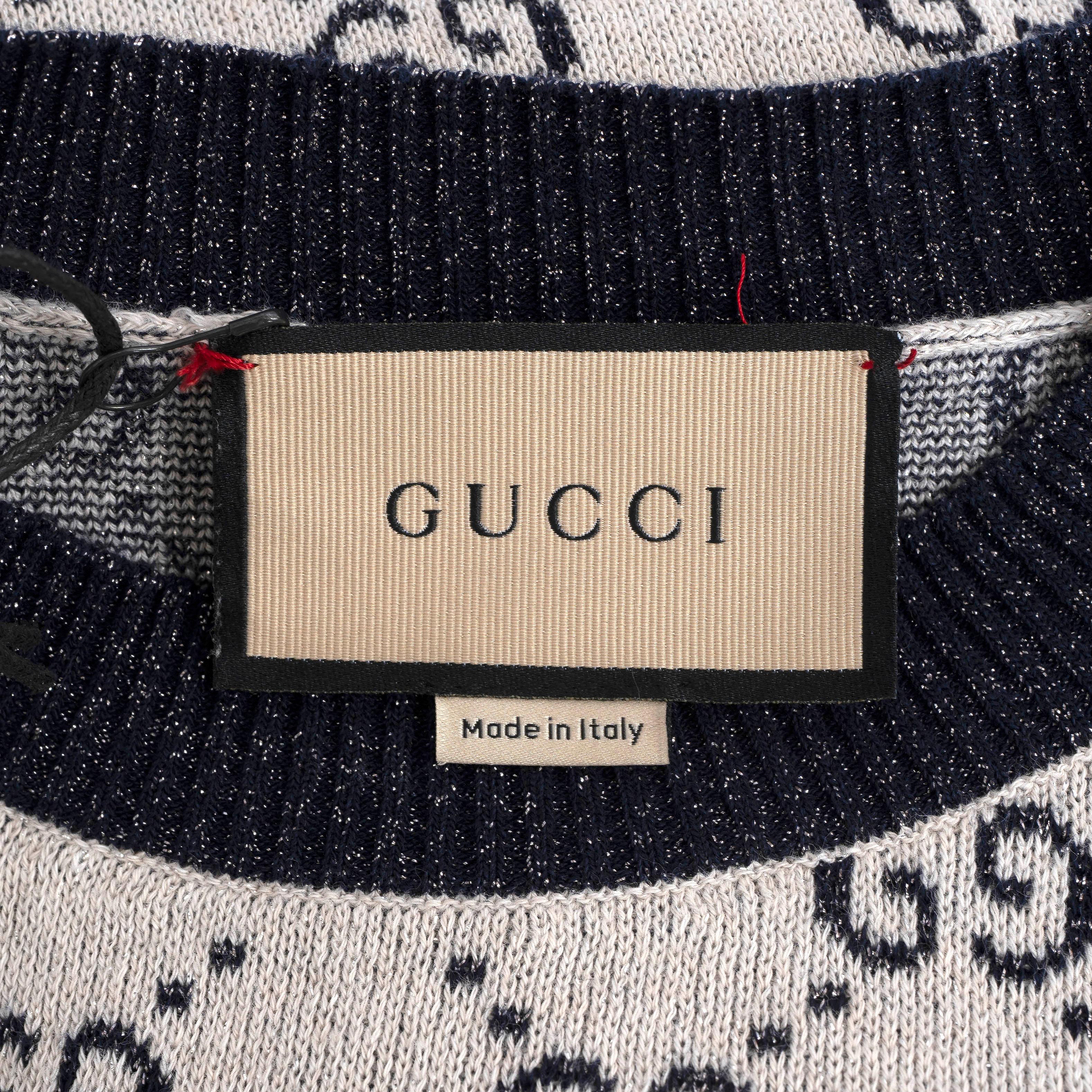 GUCCI cream & blue cotton 2023 GG LAME KNIT Top Shirt M 1